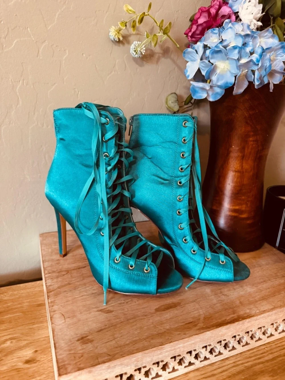 Teal Satin Lace-Up Heeled Booties Open Toe Size 9 Statement